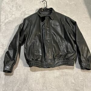 Netjets Leather Jacket Mens XL Black Full Zip Bomber Aviator Flight Travel Coat